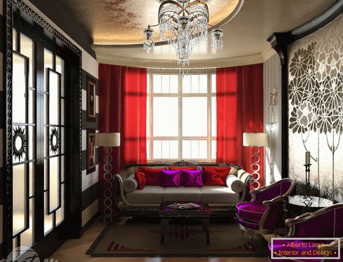 La iluminación se seleccionó de acuerdo con los requisitos para el diseño de salas pequeñas. El estilo art decó impresiona por su pomposidad y elegancia. 