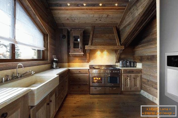 El diseño restringido de la cocina en el estilo alpino está decorado en un solo color.