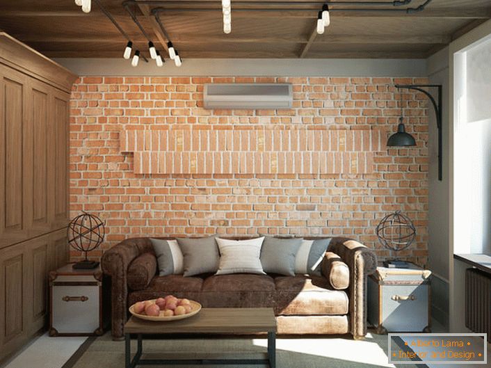 Una pared de ladrillo es digna de mención. La iluminación también se combina con el estilo loft.