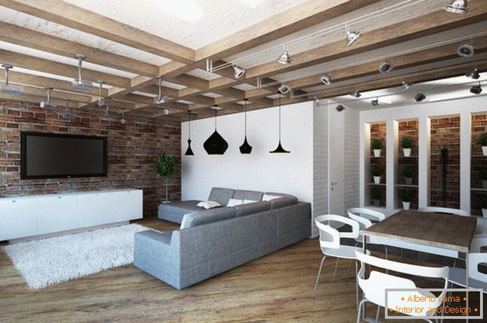 La amplia sala de estar en el estilo loft es notable por el espacio bien organizado, que se divide condicionalmente en un área de comedor y un área de descanso.