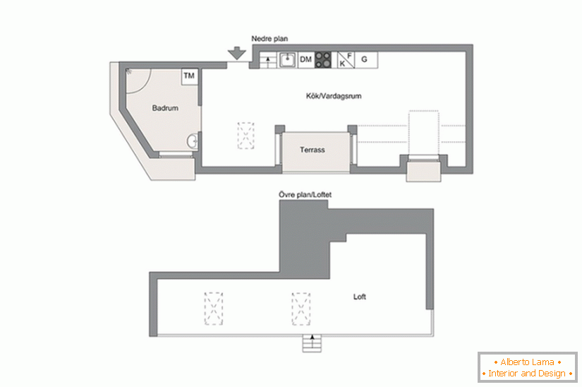 Apartamento de una habitación en dos niveles con loggia
