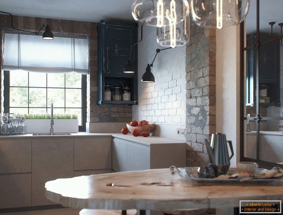 Interior de una pequeña cocina con un comedor