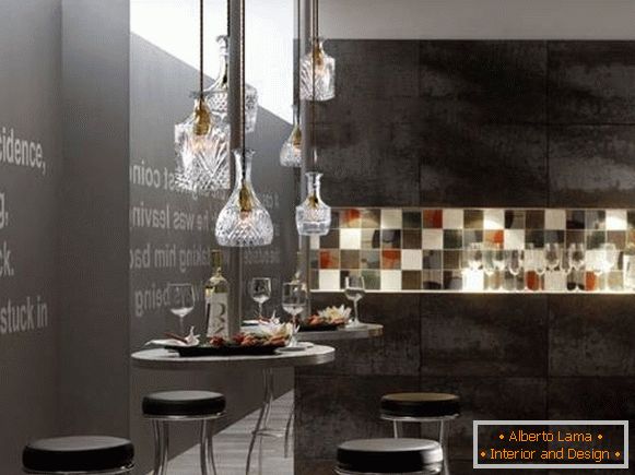 Diseño de lámparas de cristal en el estilo loft - fotos en la cocina