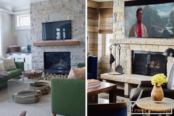 TV sobre la chimenea en el interior de la sala de estar - foto con decoración en piedra