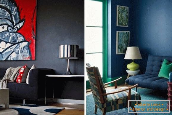 Paredes azul oscuro en el diseño de la sala de estar