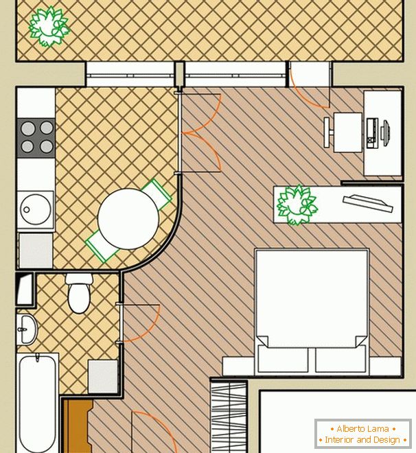 Disposición del apartamento para dos adultos con una oficina