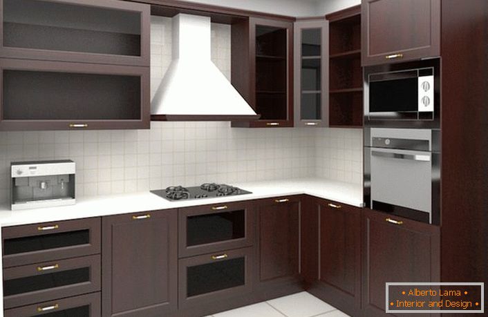 Muebles de cocina de esquina con electrodomésticos integrados.