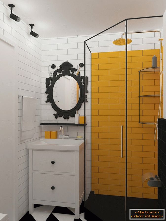 Acentos amarillos en un baño blanco y negro