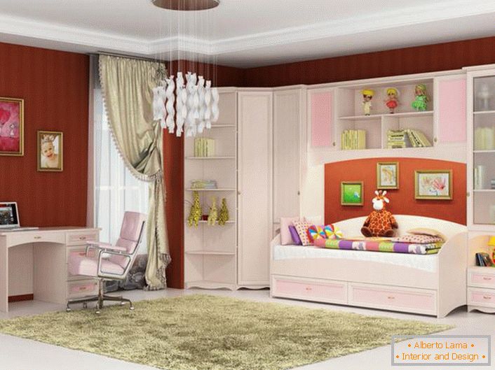 Una habitación elegante para una joven fashionista. Los muebles modulares para niños están hechos en color rosa y blanco, lo que necesitas para una niña.