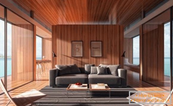 Diseño de sala de estar moderno con grandes ventanas
