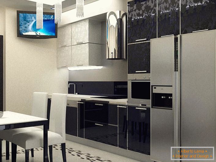La elegante cocina está diseñada de acuerdo con los requisitos del estilo minimalista. 