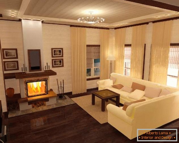 Diseño de una sala de estar con chimenea en el interior de una casa de campo
