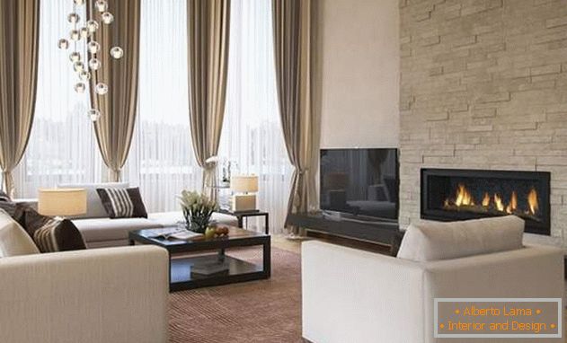 Diseño clásico de una casa de campo en el interior - una foto de una sala de estar con chimenea