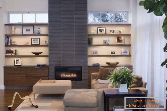 Muebles incorporados para bordillos y estantes en el diseño de la sala de estar