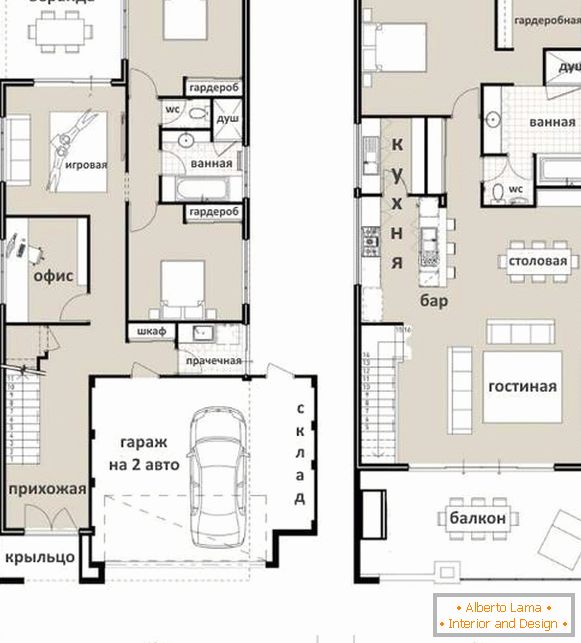 Variantes de los segundos pisos en una casa privada - un proyecto con una sala de estar, cocina y un dormitorio