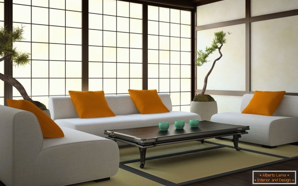 Sala de estar en estilo japonés со светлыми стенами и темным полом