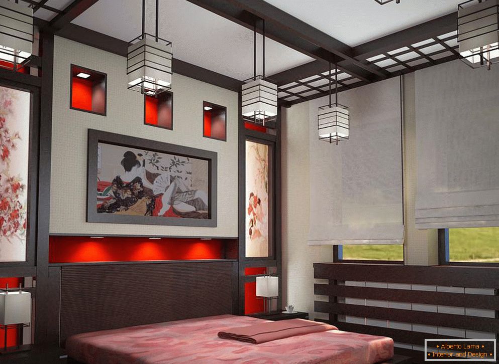 Accesorios y lámparas en un dormitorio en estilo japonés