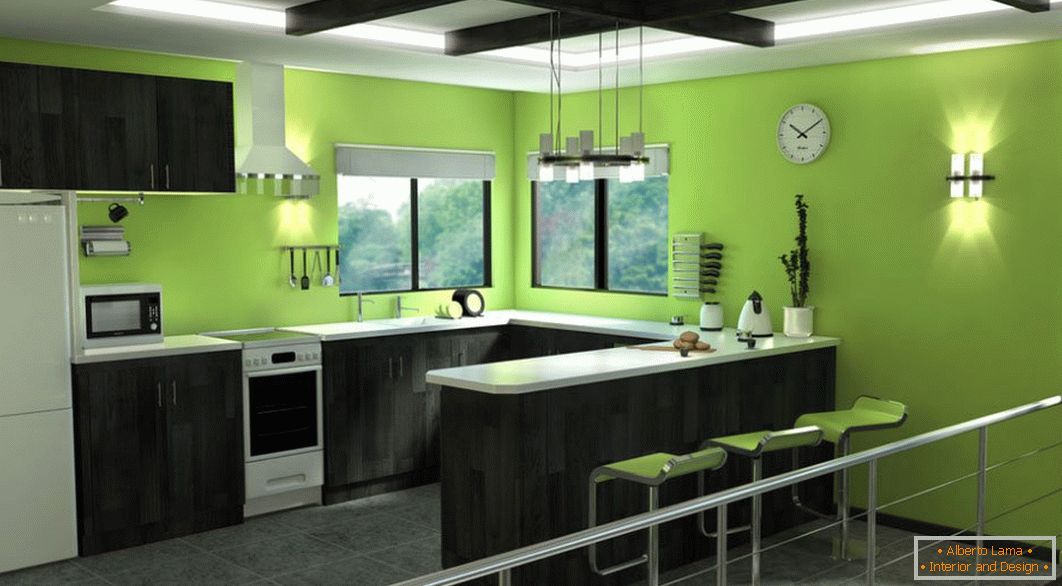 Cocina verde con muebles negros