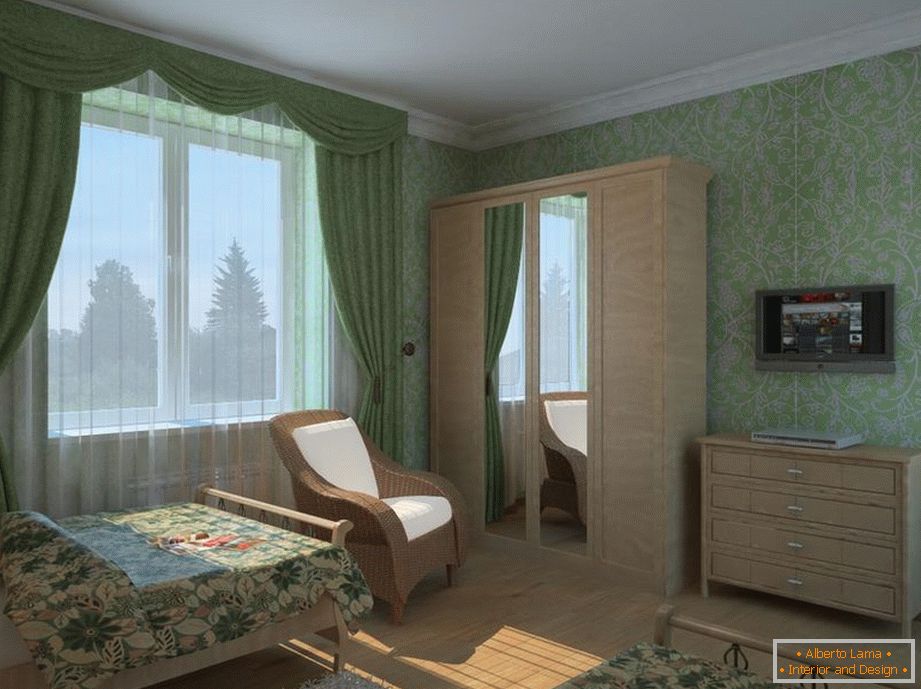 El dormitorio с зелеными обоями