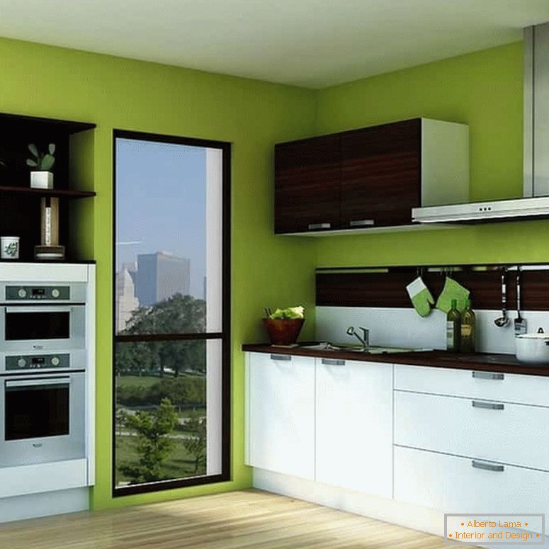 Color verde brillante de las paredes y cocina blanca
