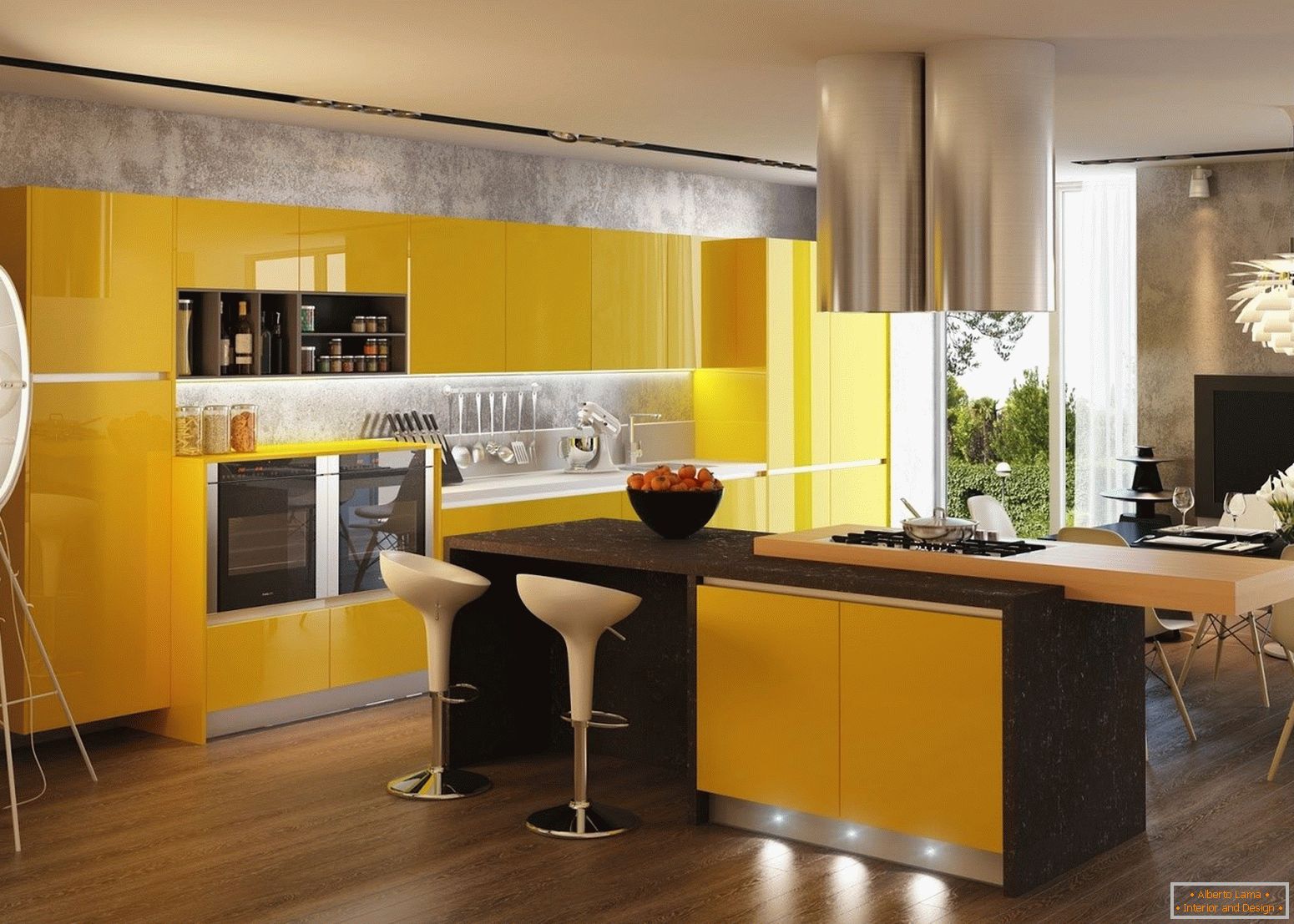 Interior con cocina amarilla