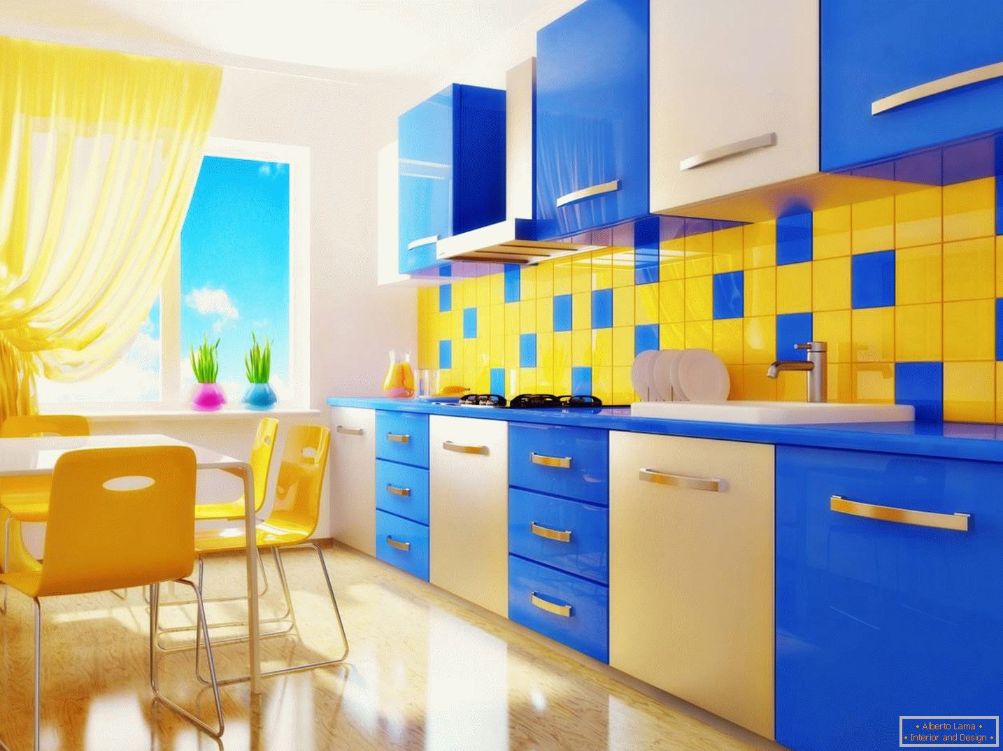 Cocina azul y amarilla