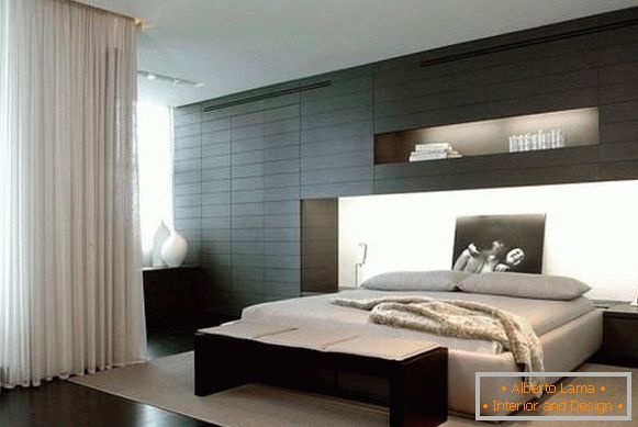 Diseño de dormitorio en un estilo moderno con elementos negros