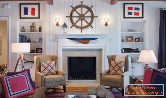 Diseño de una sala de estar en un estilo marino y colores