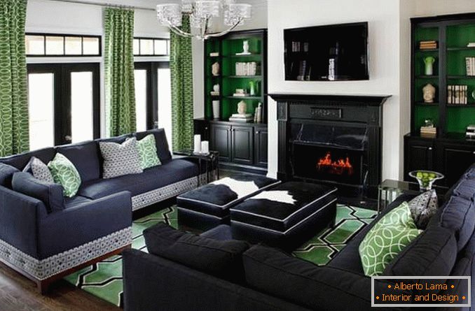 Sala de estar en un color verde oscuro