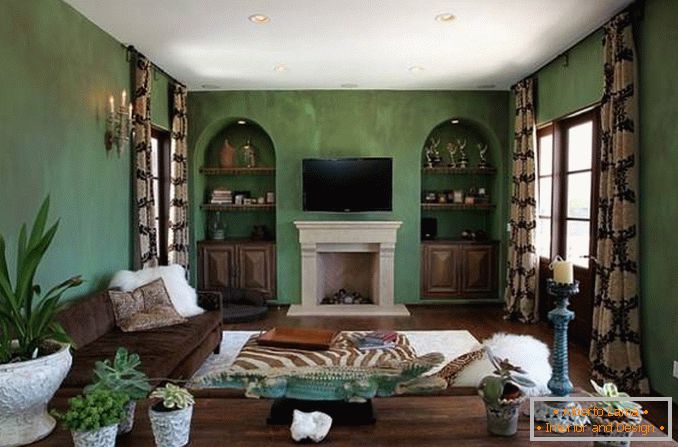 Sala de estar en color verde y marrón