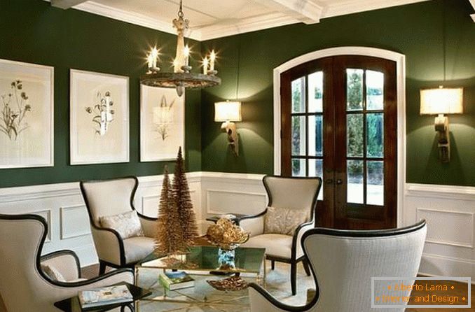 Diseño de la sala de estar en verde y blanco