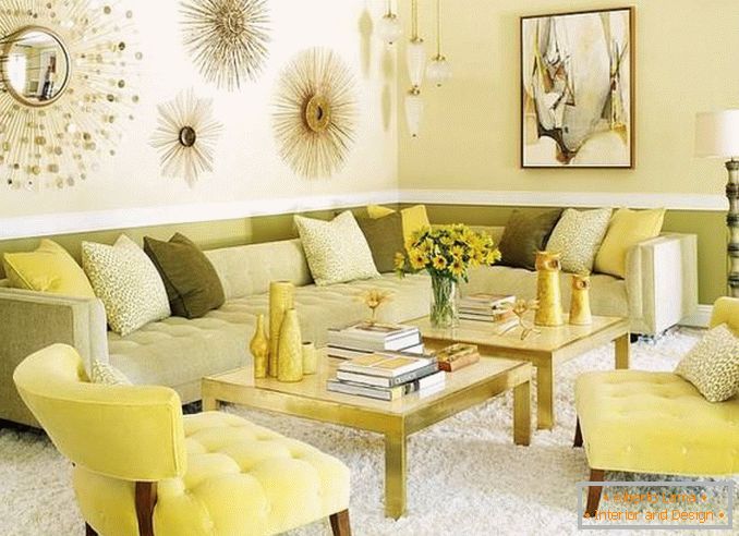 Sala de estar moderna en amarillo y verde