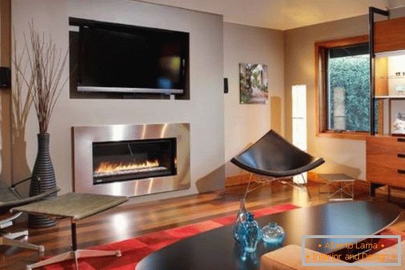 Sala de estar moderna con chimenea eléctrica
