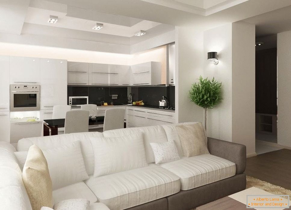 Cocina y sala de estar combinadas en tonos blancos