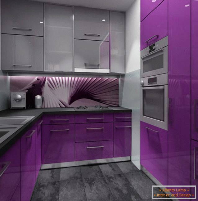 Diseño exquisito de una pequeña cocina púrpura