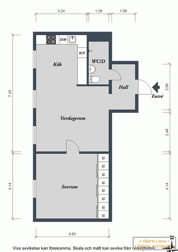 El plan de un pequeño apartamento en Suecia