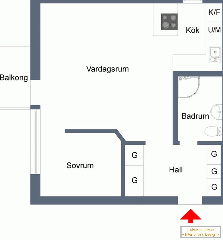 El plan de un pequeño apartamento con estilo