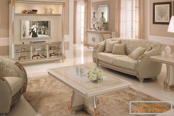 Diseño clásico de la sala de estar con muebles blancos - foto