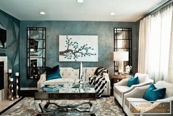 Elegante salón de diseño con muebles blancos - foto con azul