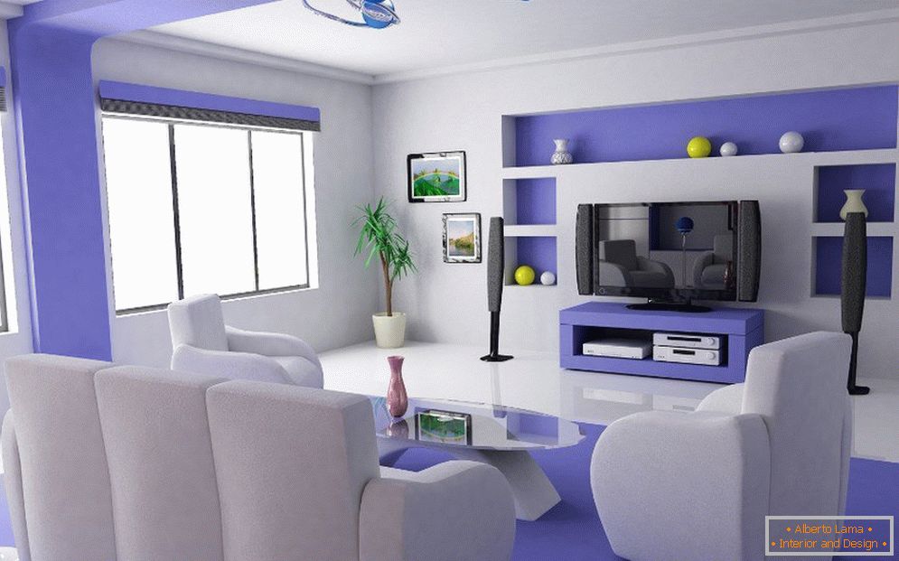 Interior morado con muebles blancos