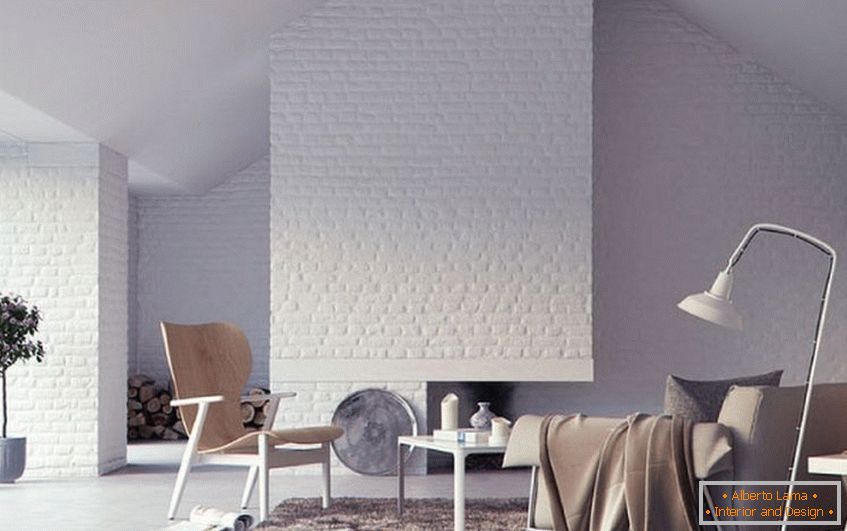 Baldosas de ladrillo blanco en las paredes de la sala de estar