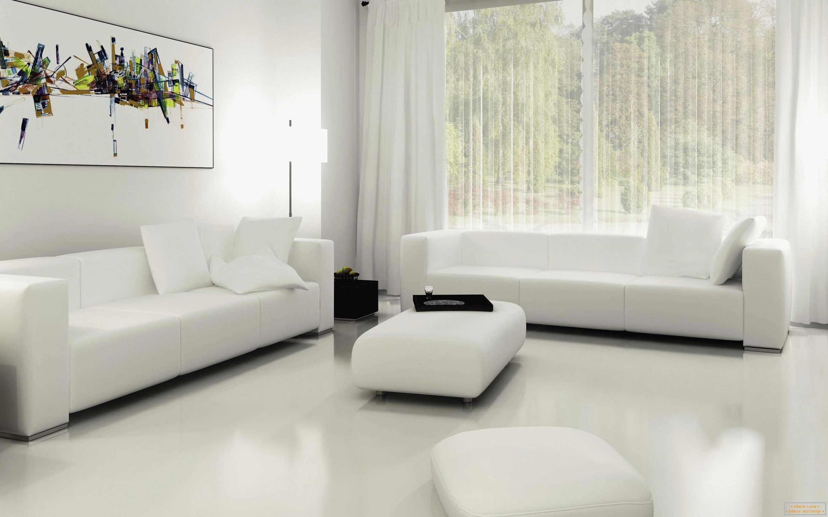 Sala de estar blanca con una ventana en el piso