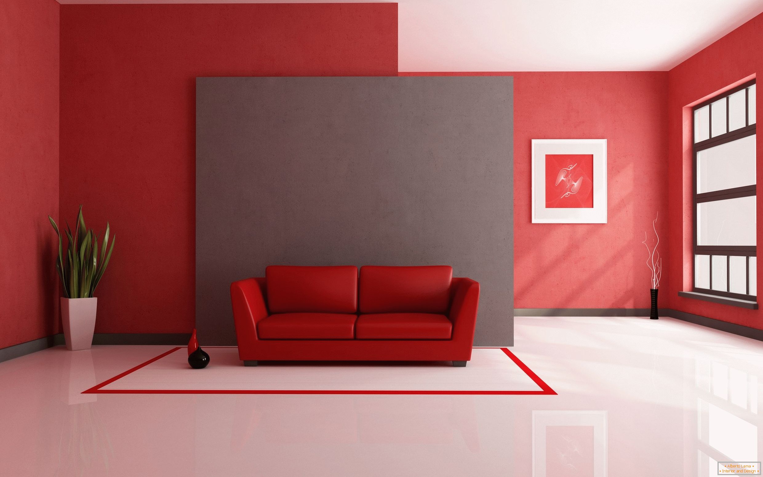 Piso blanco en combinación con materiales de acabado en rojo y elementos interiores