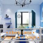 Piso blanco en combinación con tonos azules de materiales de acabado y elementos interiores
