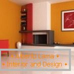 La combinación de naranja, rojo y blanco en el diseño de la sala de estar