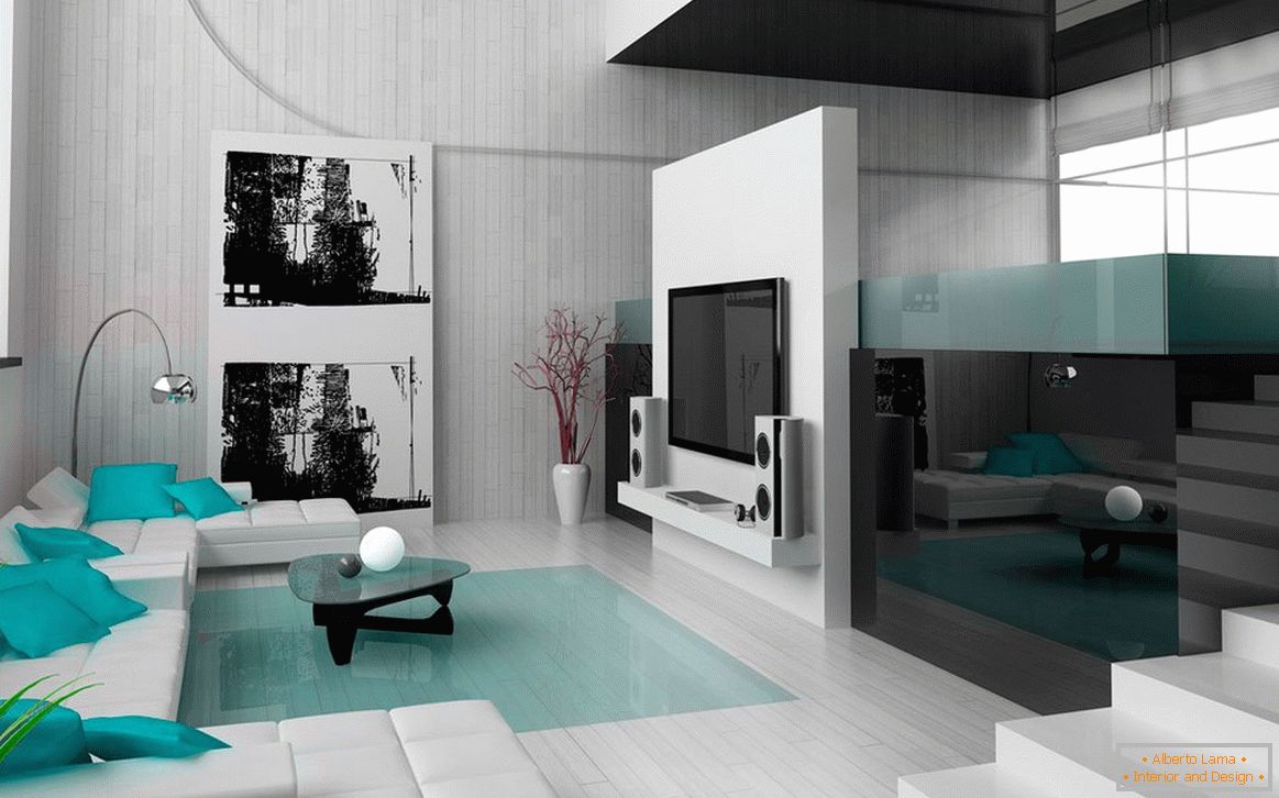 Sala de estar en colores blanco y negro con elementos interiores de color turquesa