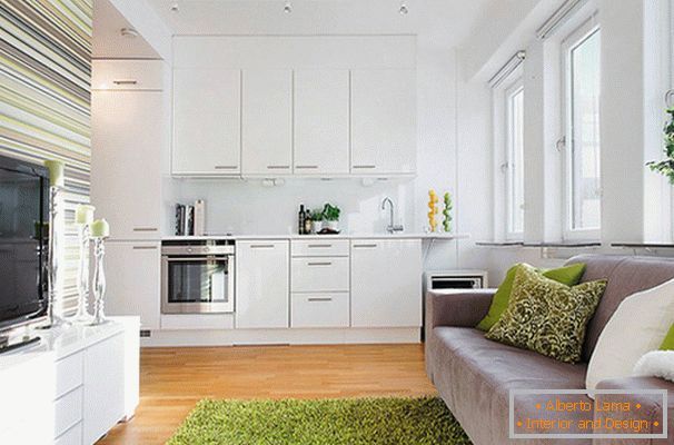 Sala de estar con cocina en color blanco