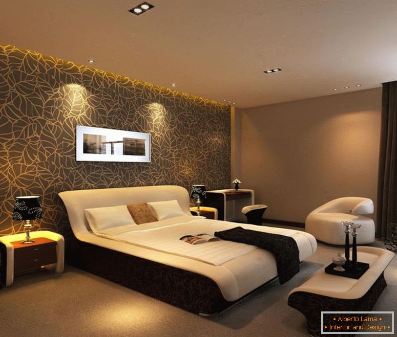 marrón-acentos-pared-idea-para-gran-dormitorio-combine-con-floral-fondo-impresión-y-completado-con-cómodo-cama-más-agradable-blanco-sofá