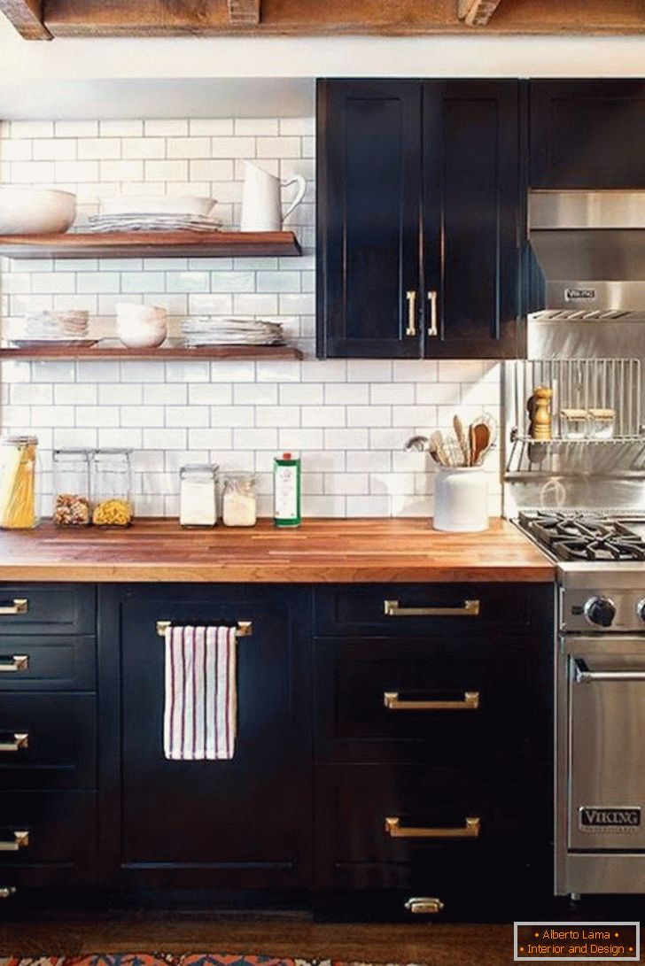 diseño-negro-cocina-foto-interior-madera-mesa-top-tile-tile