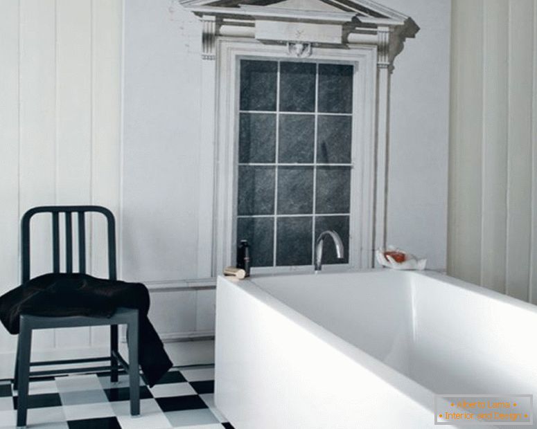 black-and-white-traditional-interior-bañeraroom-design-white-corian-square-bañeratub-black-and-white-floor-tile-vintage-plastic-stool-white-wood-frame-window-black-and-white-bañeraroom-ideas-interior-bañera